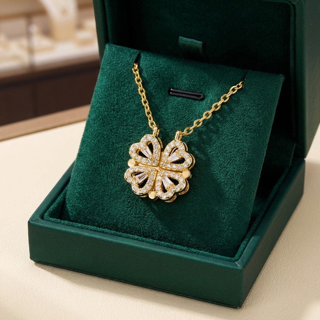 Gouden Klavertje Ketting met Zirkonia Hart Hanger