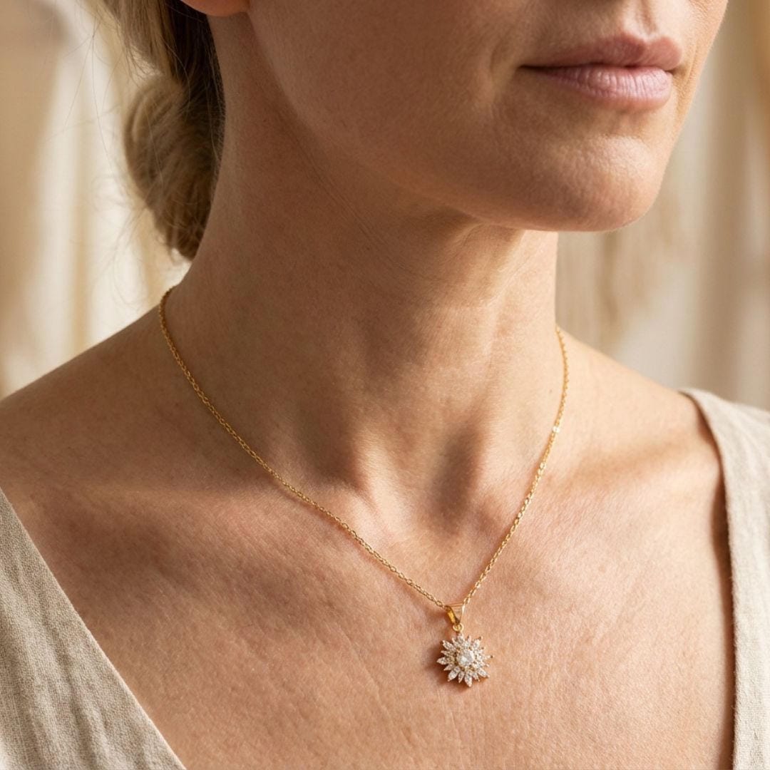 Trendy Zilveren Zonnebloem Zirkoon Halsketting & Oorbellen Set