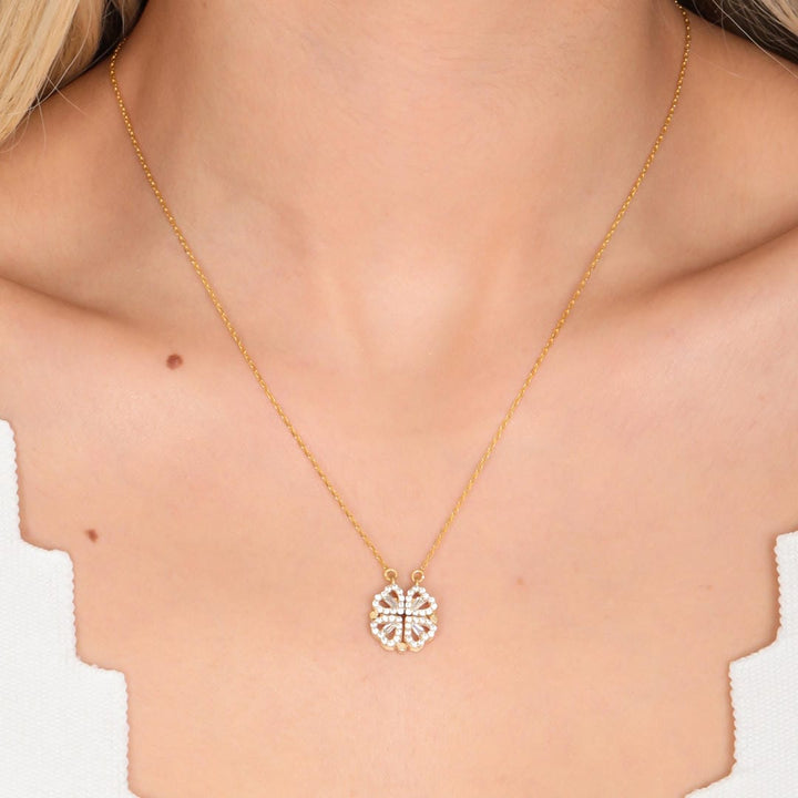 Gouden Klavertje Ketting met Zirkonia Hart Hanger