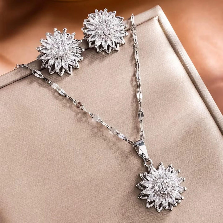 Trendy Zilveren Zonnebloem Zirkoon Halsketting & Oorbellen Set