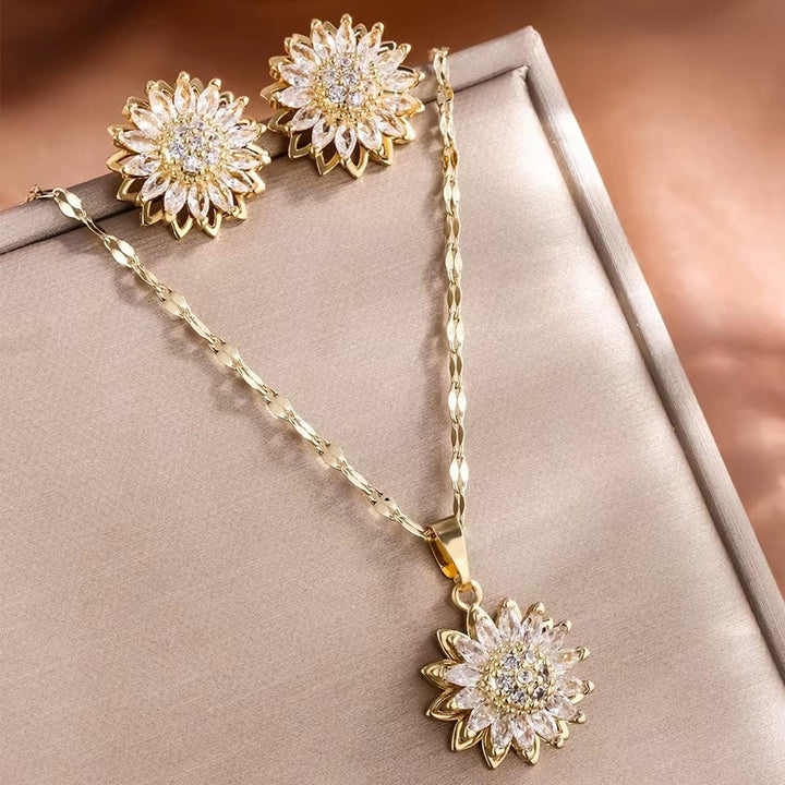 Trendy Zilveren Zonnebloem Zirkoon Halsketting & Oorbellen Set